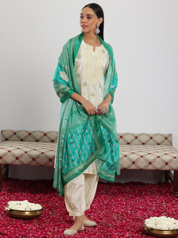 Off White Printed Silk Blend Straight Suit With Dupatta