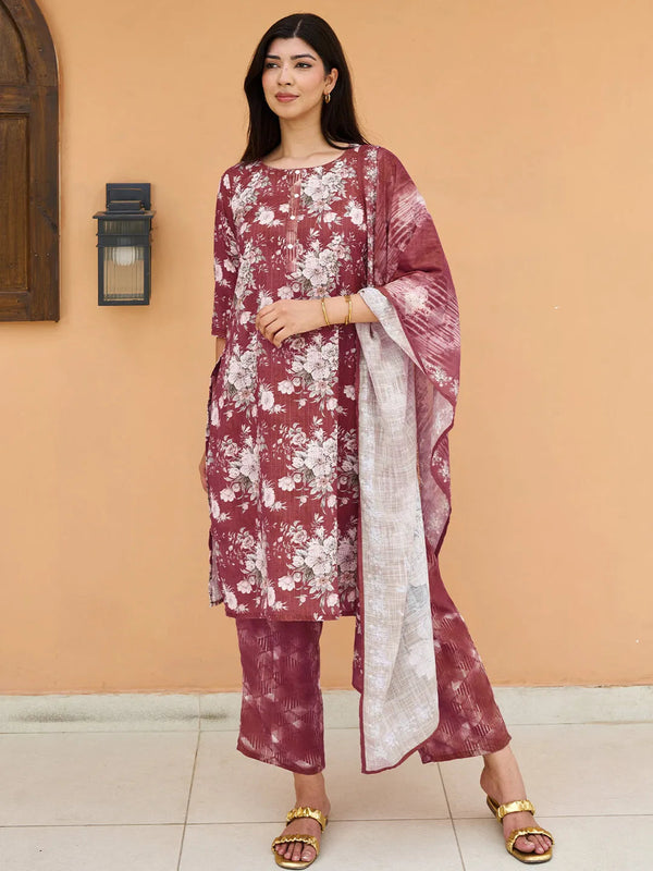 Mauve Printed Cotton Straight Suit With Dupatta