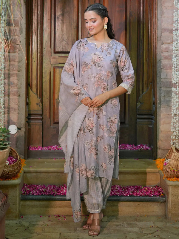 Grey Printed Cotton Straight Suit With Dupatta