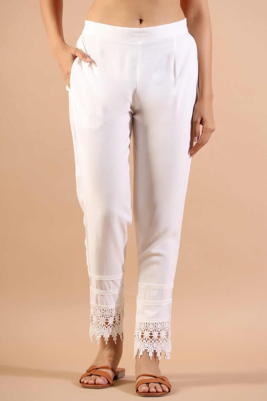 Women's White Rayon Solid Straight Pant - Juniper