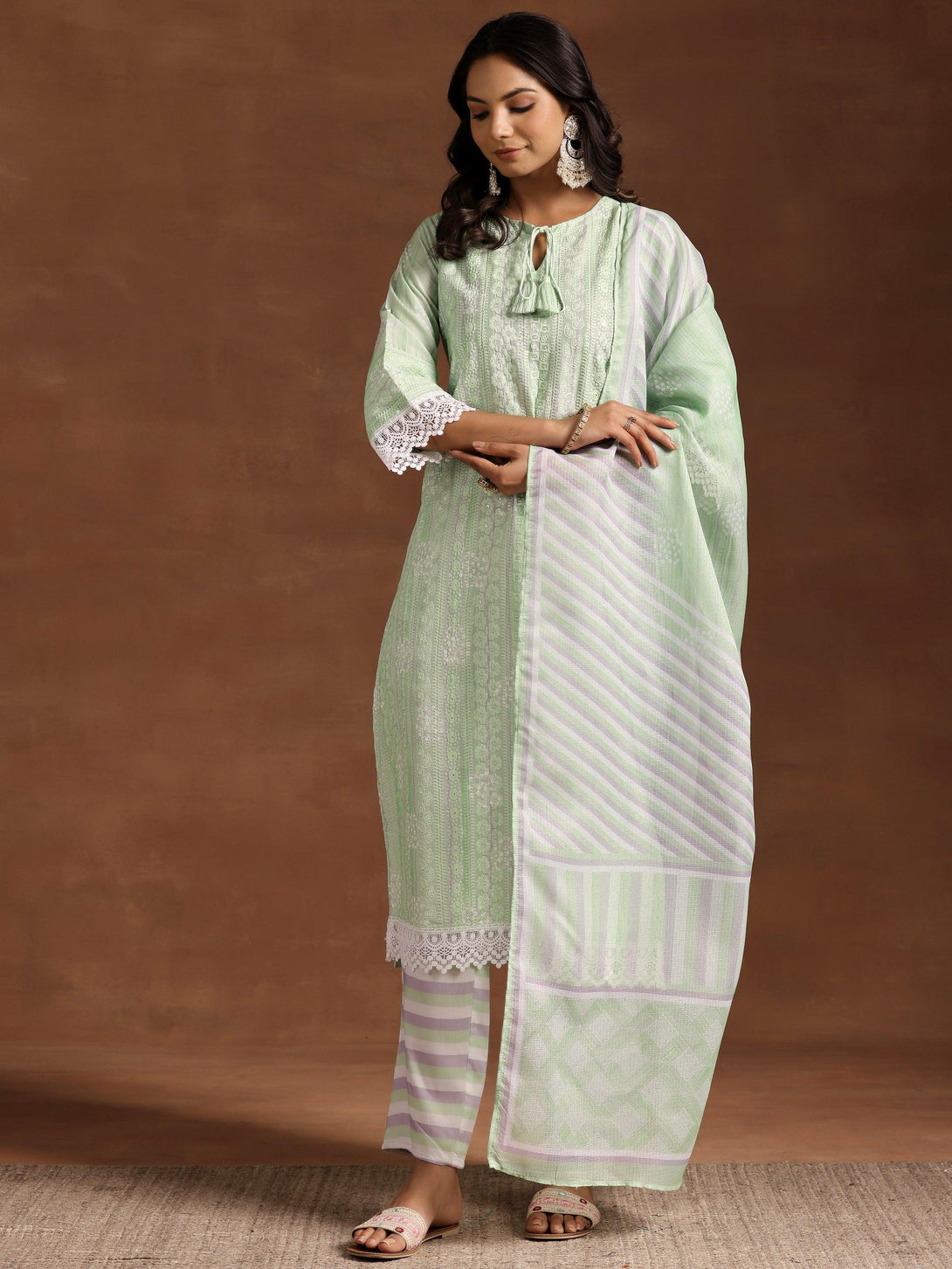 Green Embroidered Cotton Blend Straight Suit With Dupatta - Jashvi