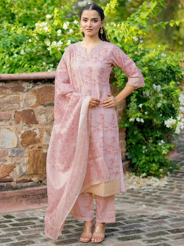 Beige Embroidered Cotton Blend Straight Suit With Dupatta