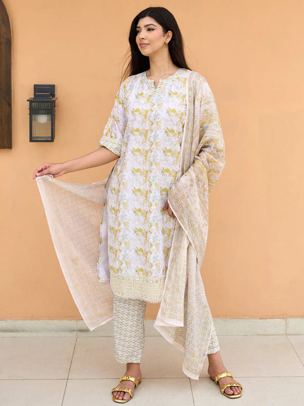 Beige Embroidered Cotton Blend Straight Suit With Dupatta