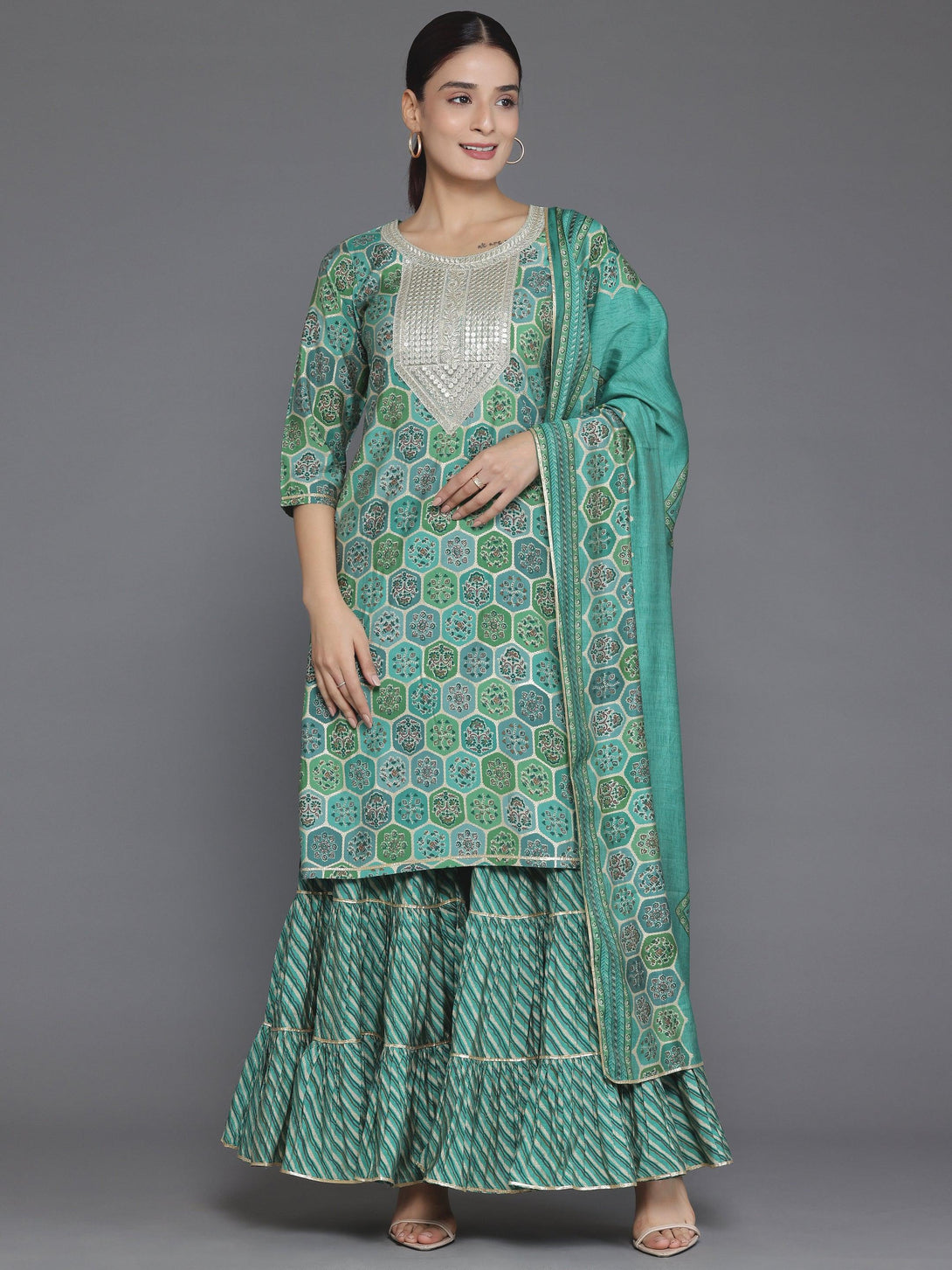 Green Printed Silk Blend Straight Suit With Dupatta - Jashvi