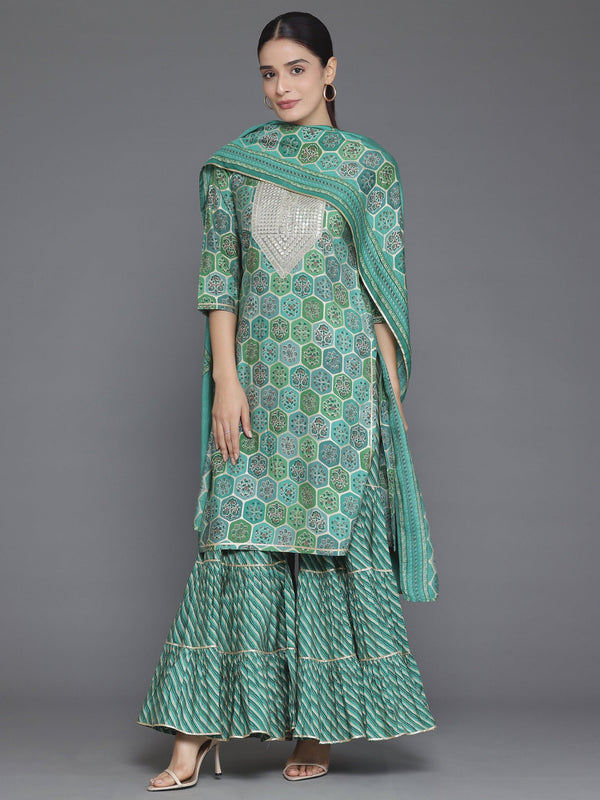 Green Printed Silk Blend Straight Suit With Dupatta