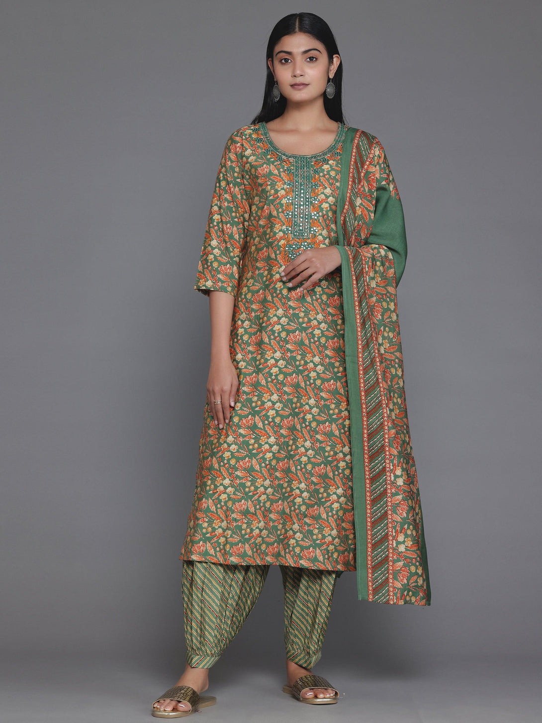 Green Printed Silk Blend Straight Suit With Dupatta - Jashvi