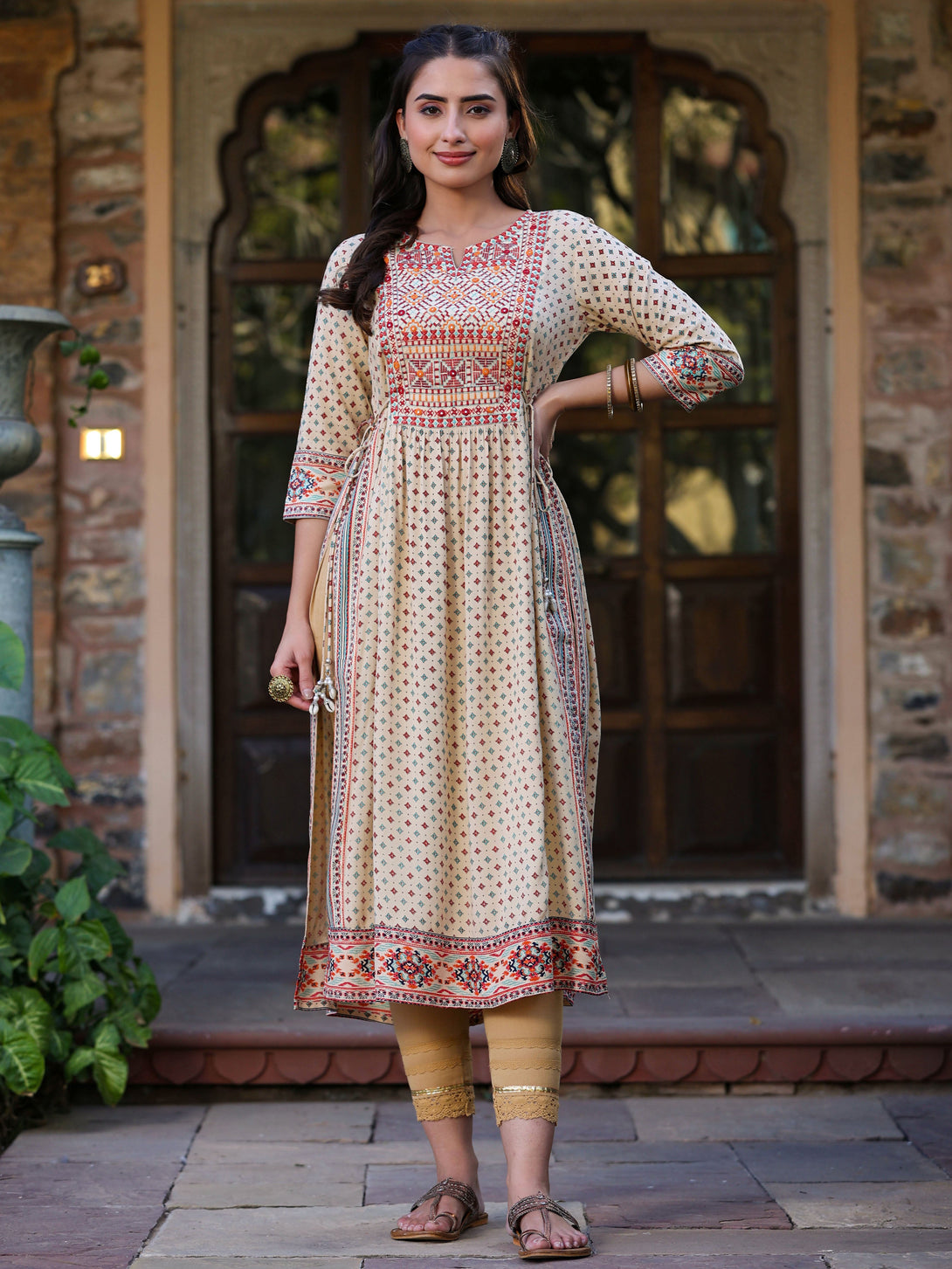 Women's Beige Rayon Printed Embroidered Straight Kurta - Juniper