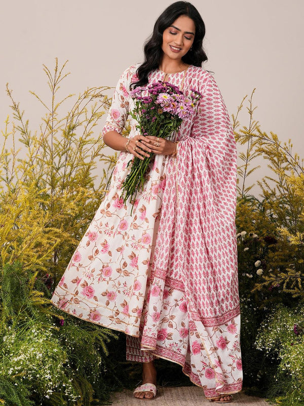 Off White Printed Cotton Anarkali Suit With Dupatta - Jashvi