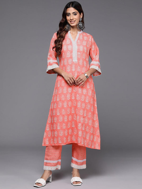 Peach Printed Cotton Blend A-Line Kurta With Trousers - Jashvi