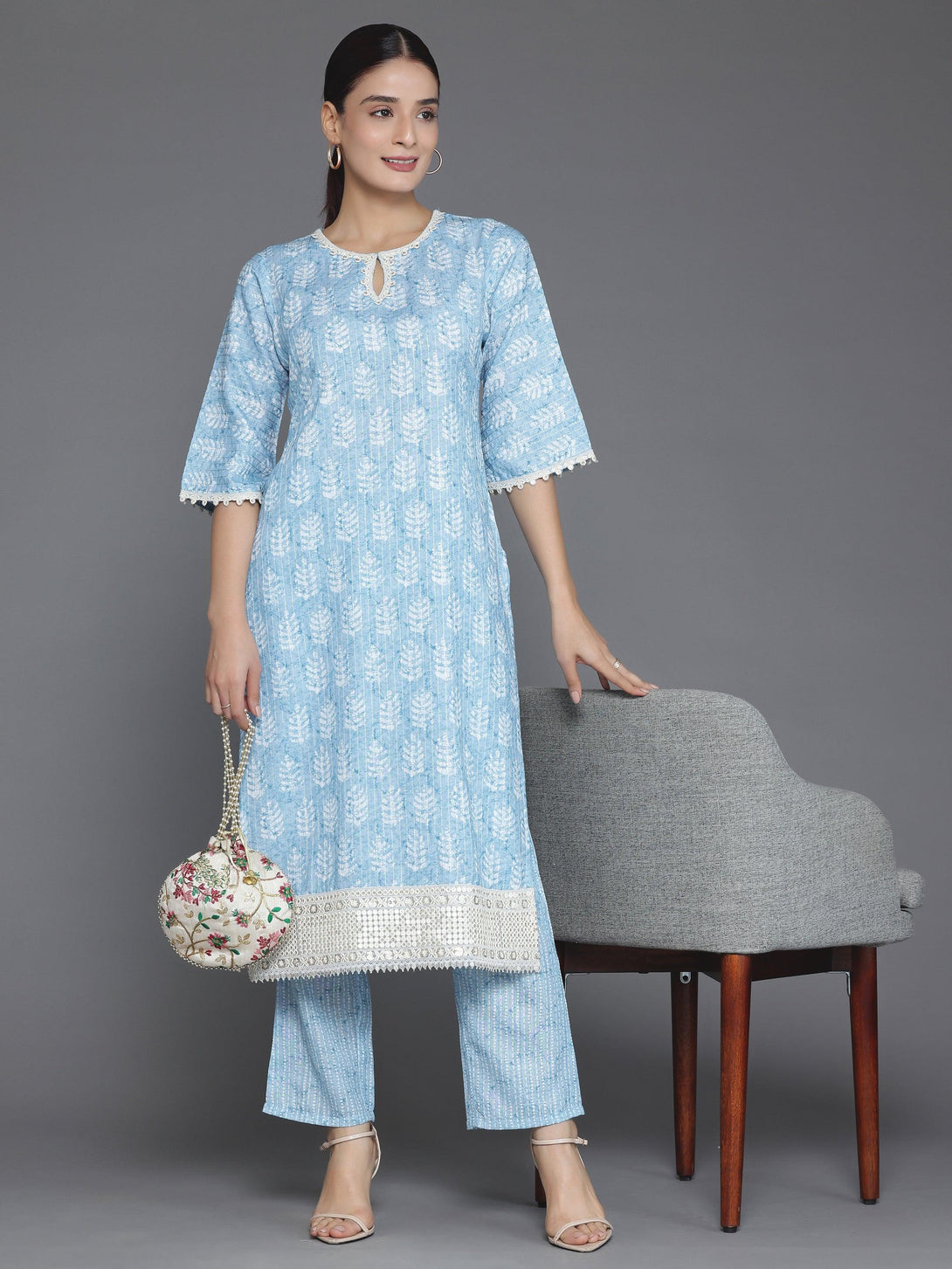 Blue Printed Cotton Straight Kurta Set - Jashvi