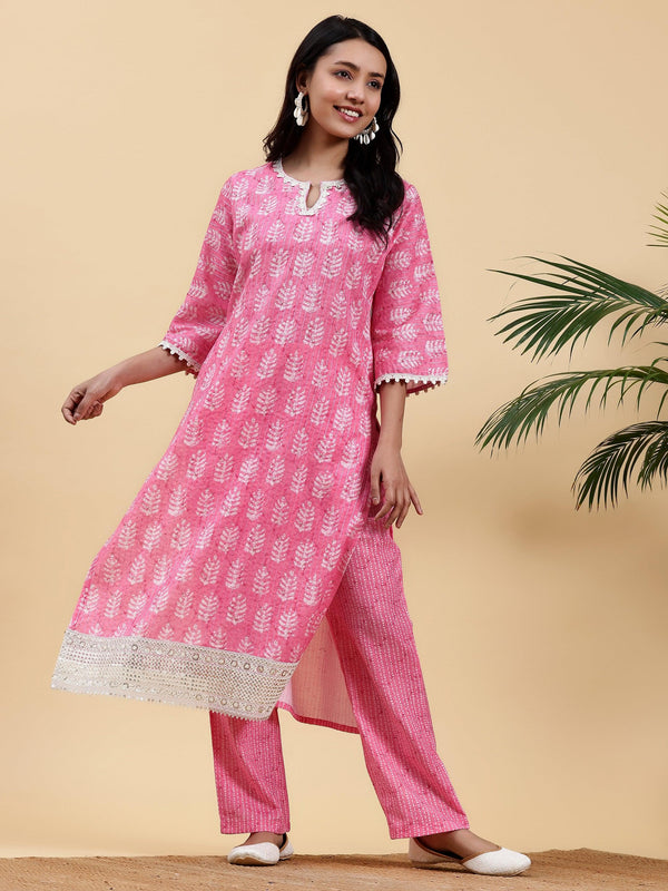 Pink Printed Cotton Straight Kurta Set