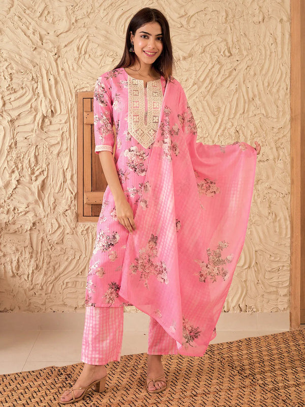 Pink Printed Cotton Straight Suit With Dupatta