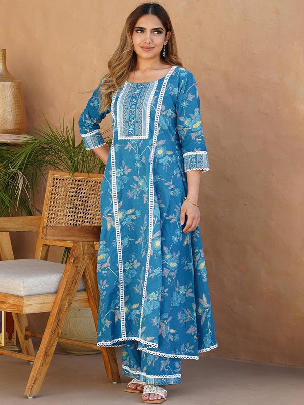 Blue Printed Cotton A-Line Kurta With Palazzos