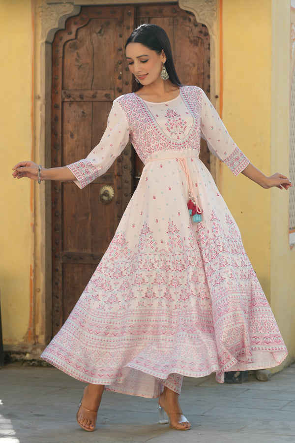 Jashvi Pink Ethnic Motif Printed Shantoon Flared Maxi dress With Beads & Sequins Work