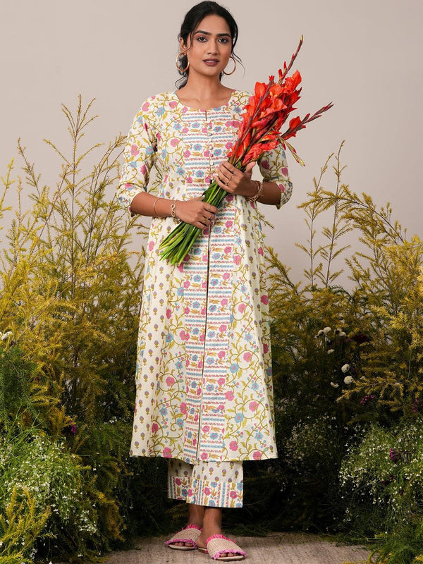 Off White Printed Cotton A-Line Kurta With Trousers