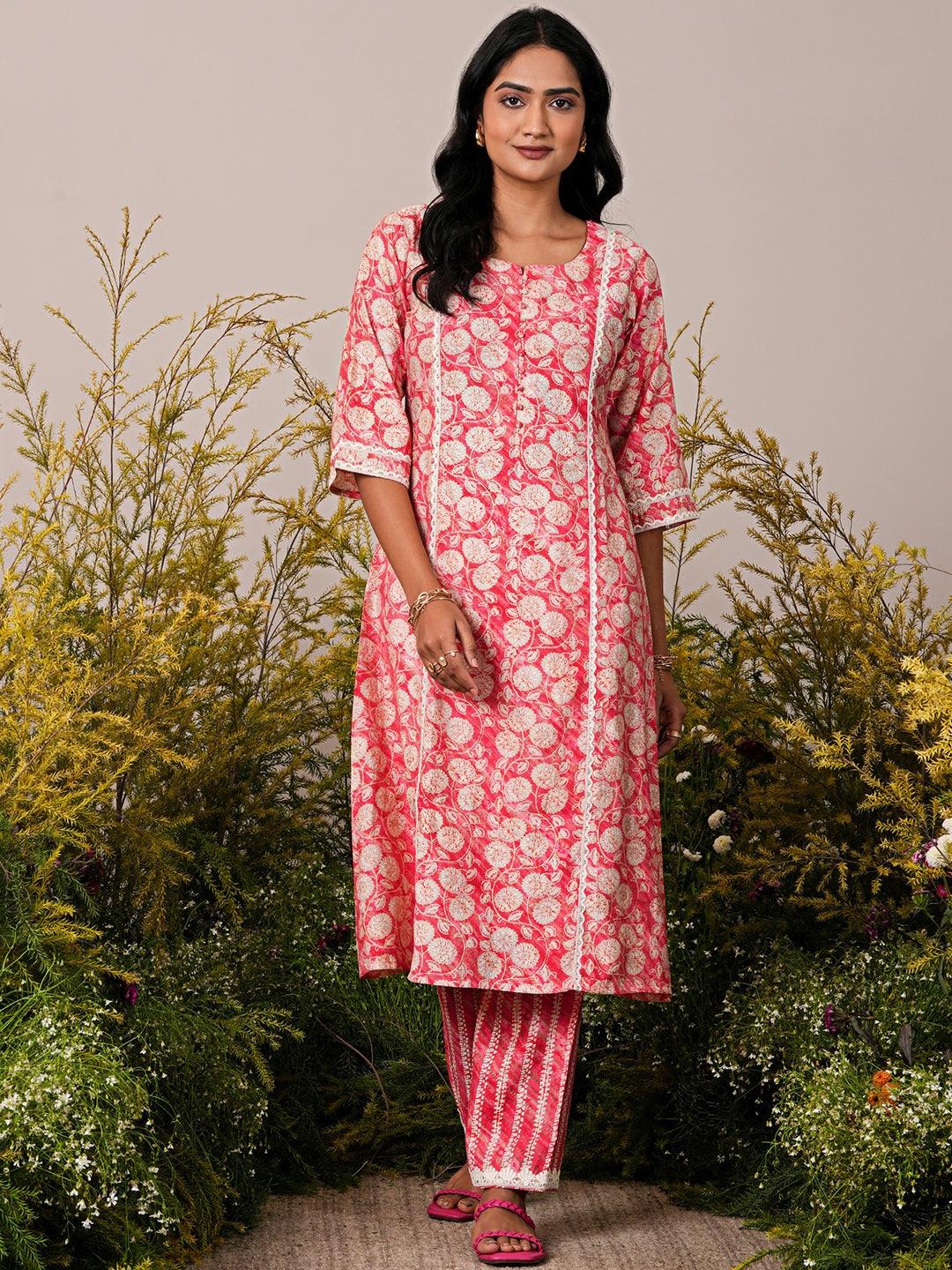 Peach Printed Silk Blend A-Line Kurta With Trousers - Jashvi