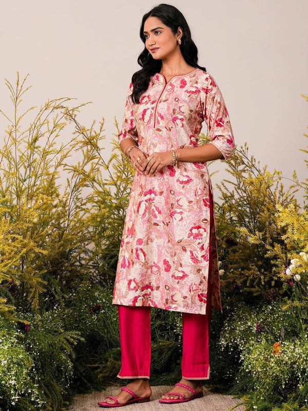 Pink Printed Silk Blend Straight Kurta Set - Jashvi