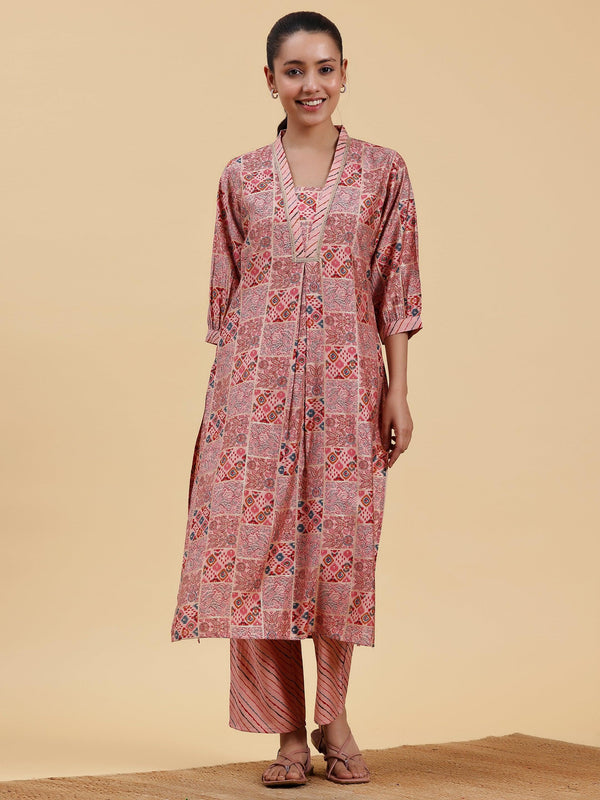 Peach Printed Silk Blend Straight Kurta Set - Jashvi