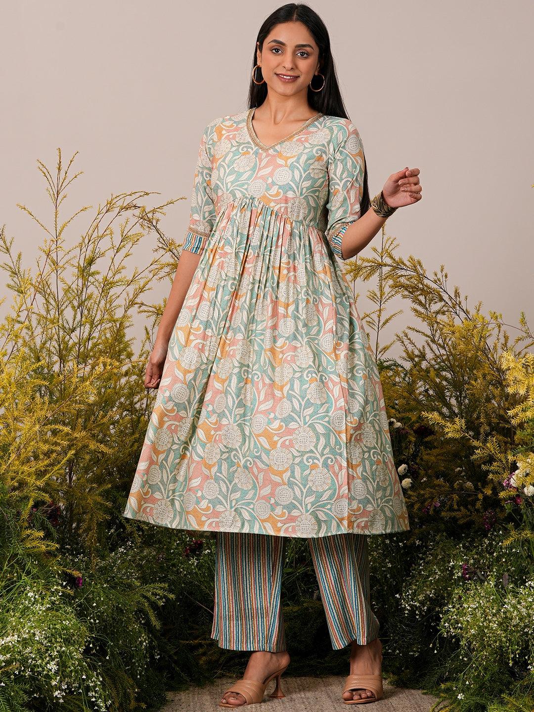 Beige Printed Silk Blend Anarkali Kurta Set - Jashvi