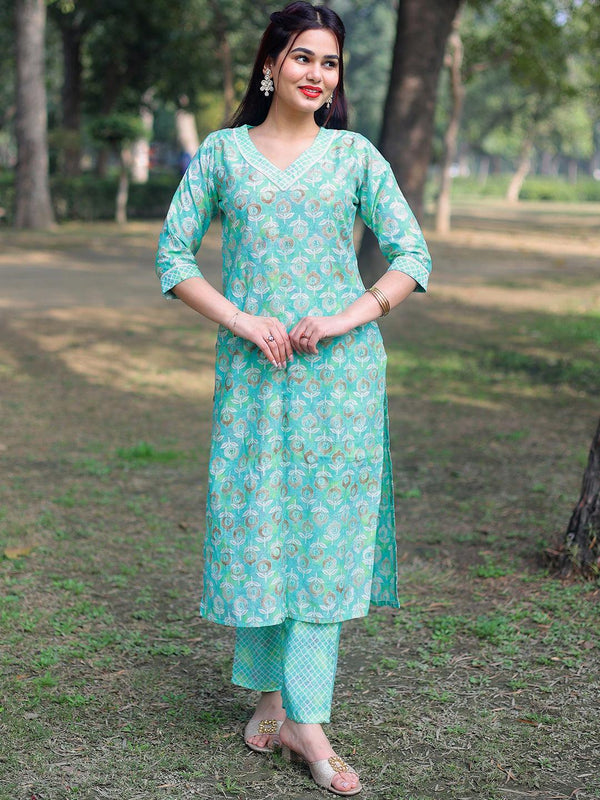 Green Printed Silk Blend Straight Kurta Set - Jashvi