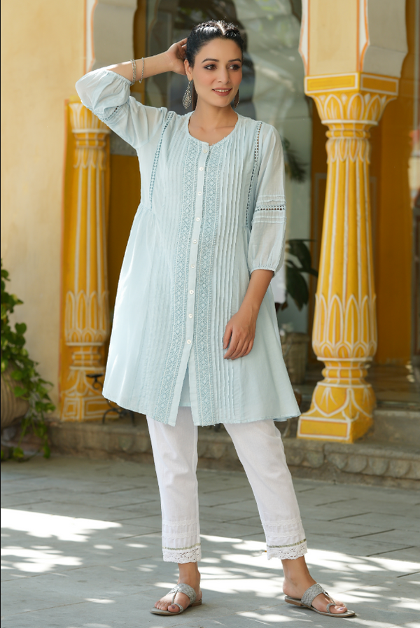 Women's Sky Blue Cotton Silk Solid A-Line Kurta - Juniper