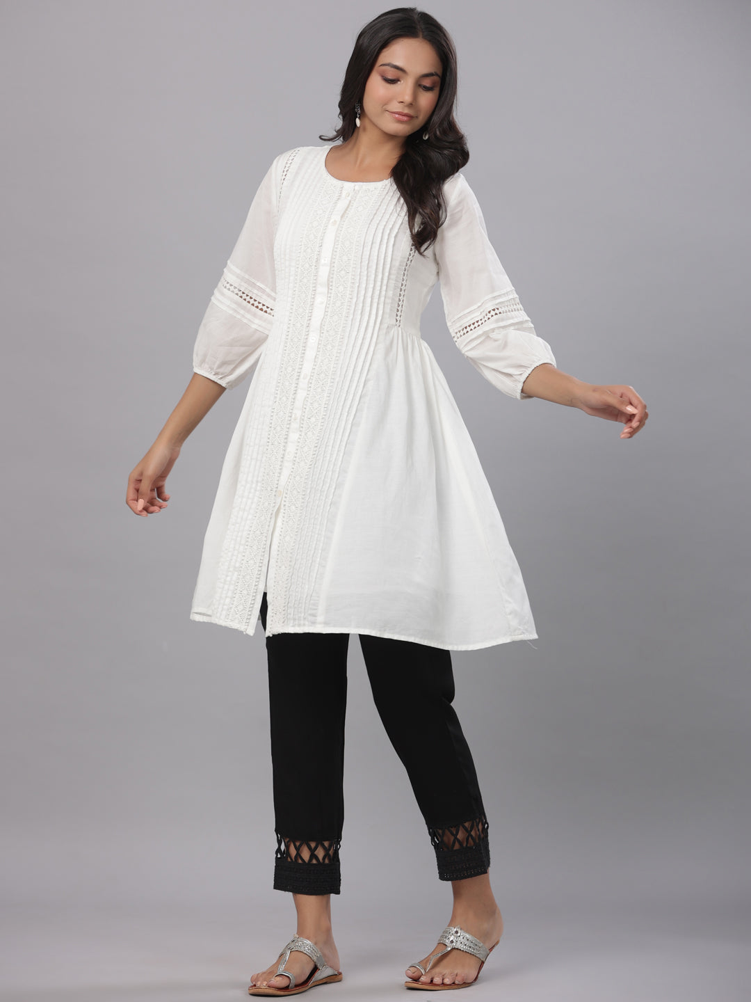 Women's White Cotton Silk Solid A-Line Kurta - Juniper