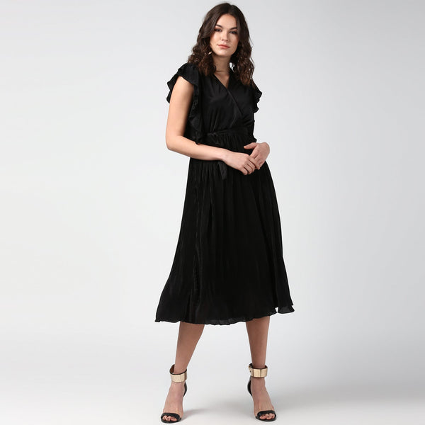 Women's Black Satin Pleating Evening Midi Dress - StyleStone