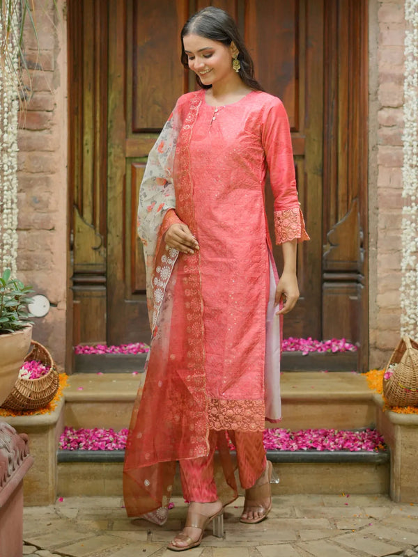 Peach Embroidered Silk Blend Straight Suit With Dupatta