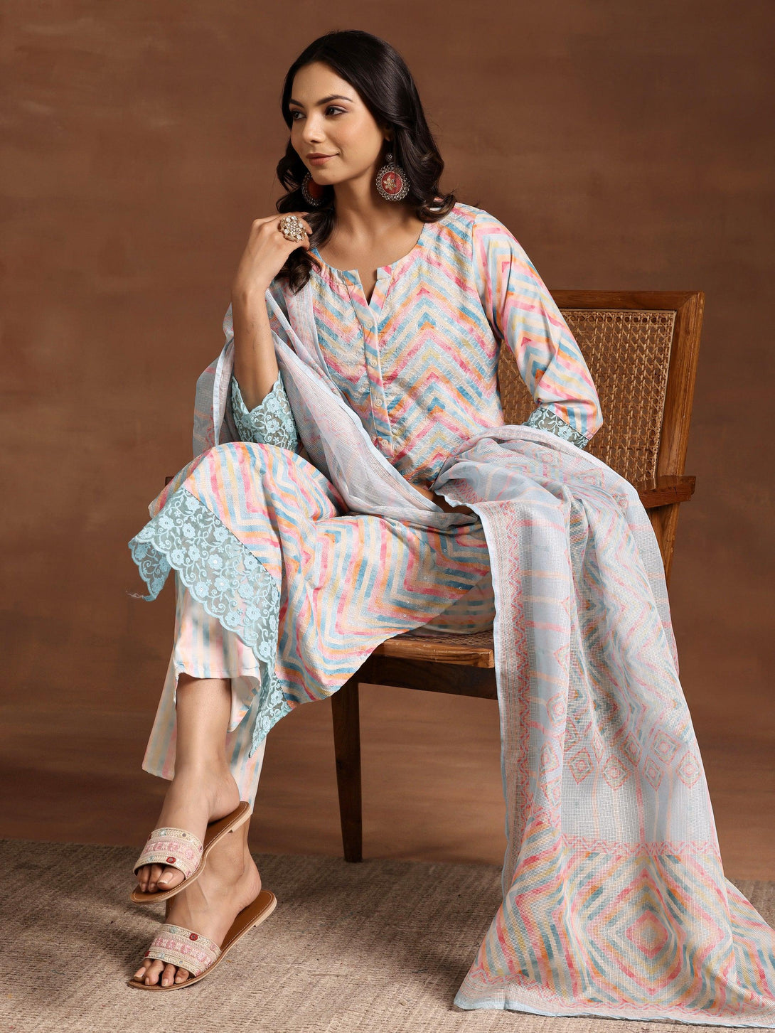 Blue Embroidered Cotton Blend Straight Suit With Dupatta - Jashvi