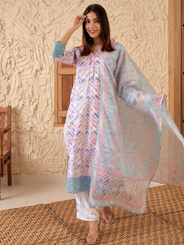 Blue Embroidered Cotton Blend Straight Suit With Dupatta