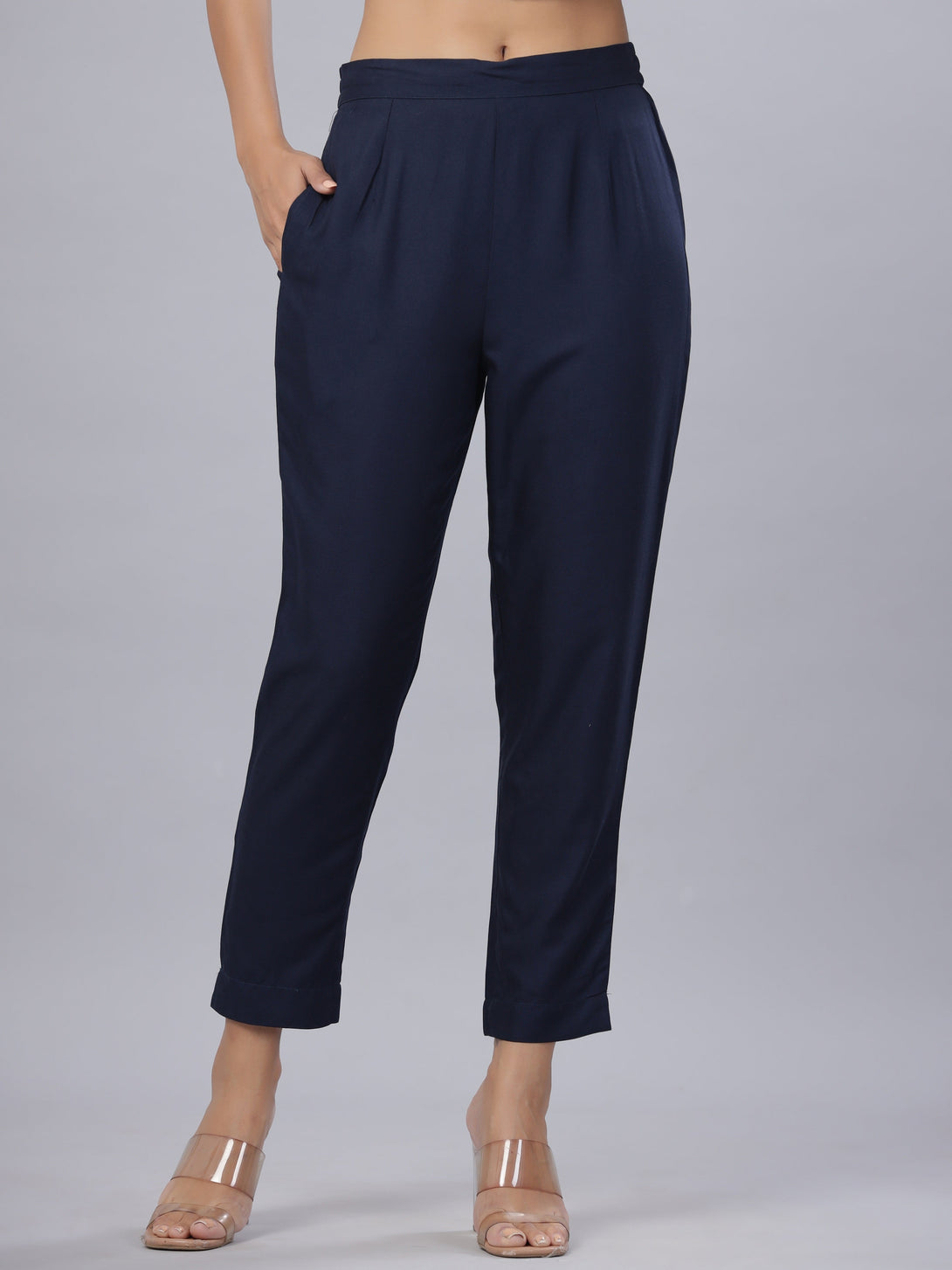 Women's Navy Rayon Solid Stright Slim Pant - Juniper