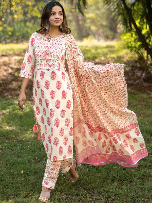 Cream Printed Cotton Straight Suit With Dupatta