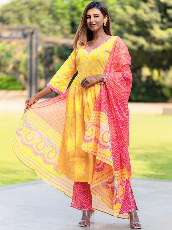 Yellow Printed Cotton A-Line Kurta With Palazzos & Dupatta