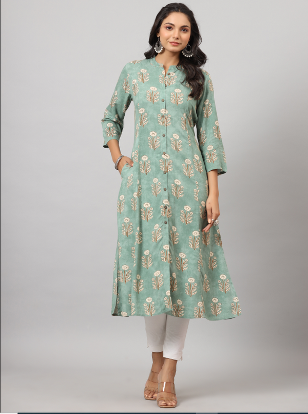 Women's Green  Printed A-Line Kurta - Juniper