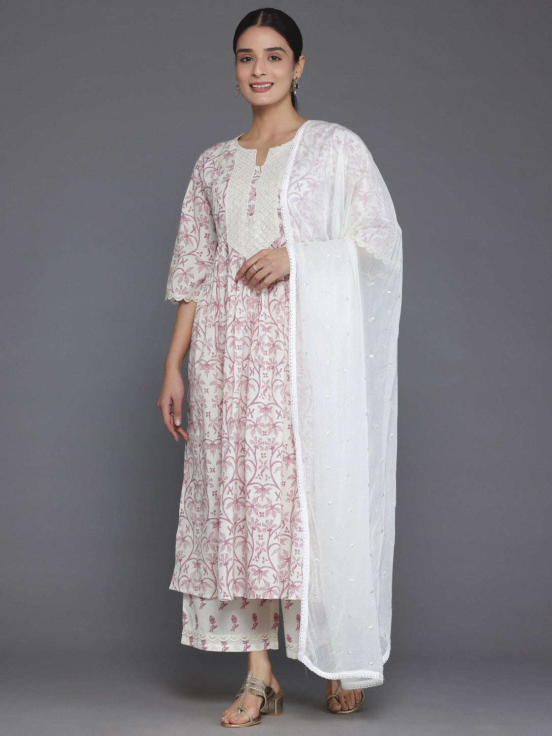 Cream Printed Cotton A-Line Kurta With Palazzos & Dupatta - Jashvi