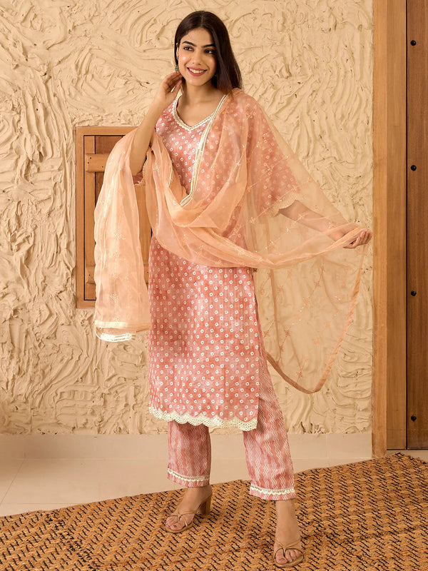 Rust Printed Cotton Straight Suit With Dupatta