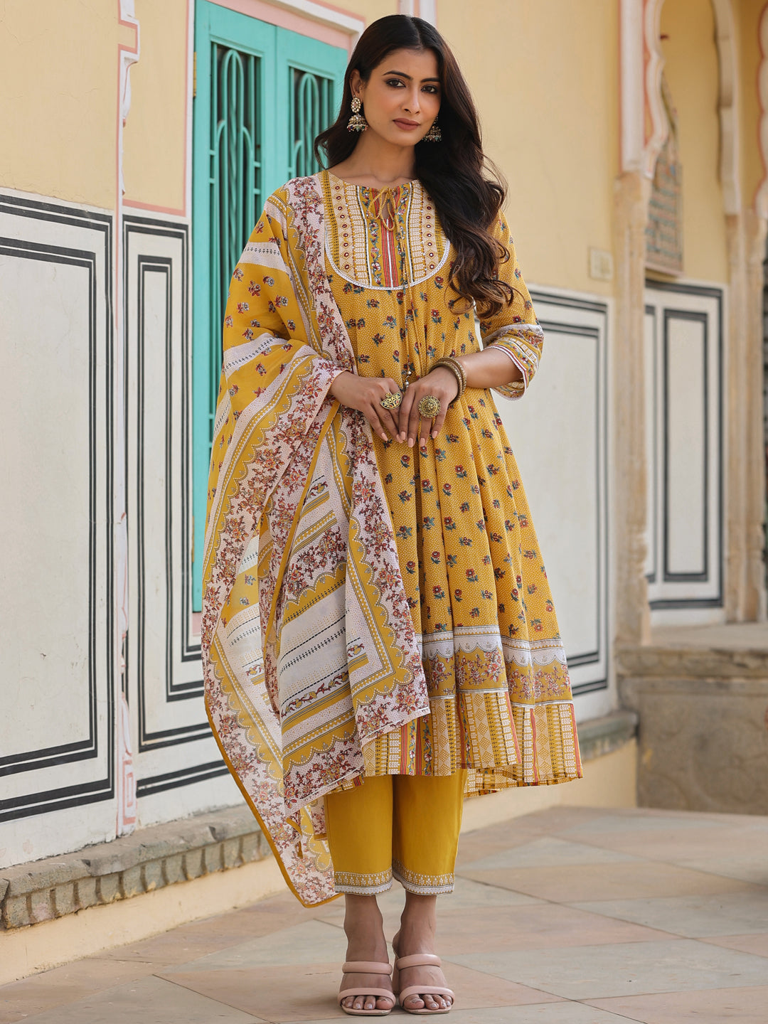 Women's Mustard Cotton Voile Floral Printed Kurta With Cambric Straight Pant And Voile Duptta - Juniper