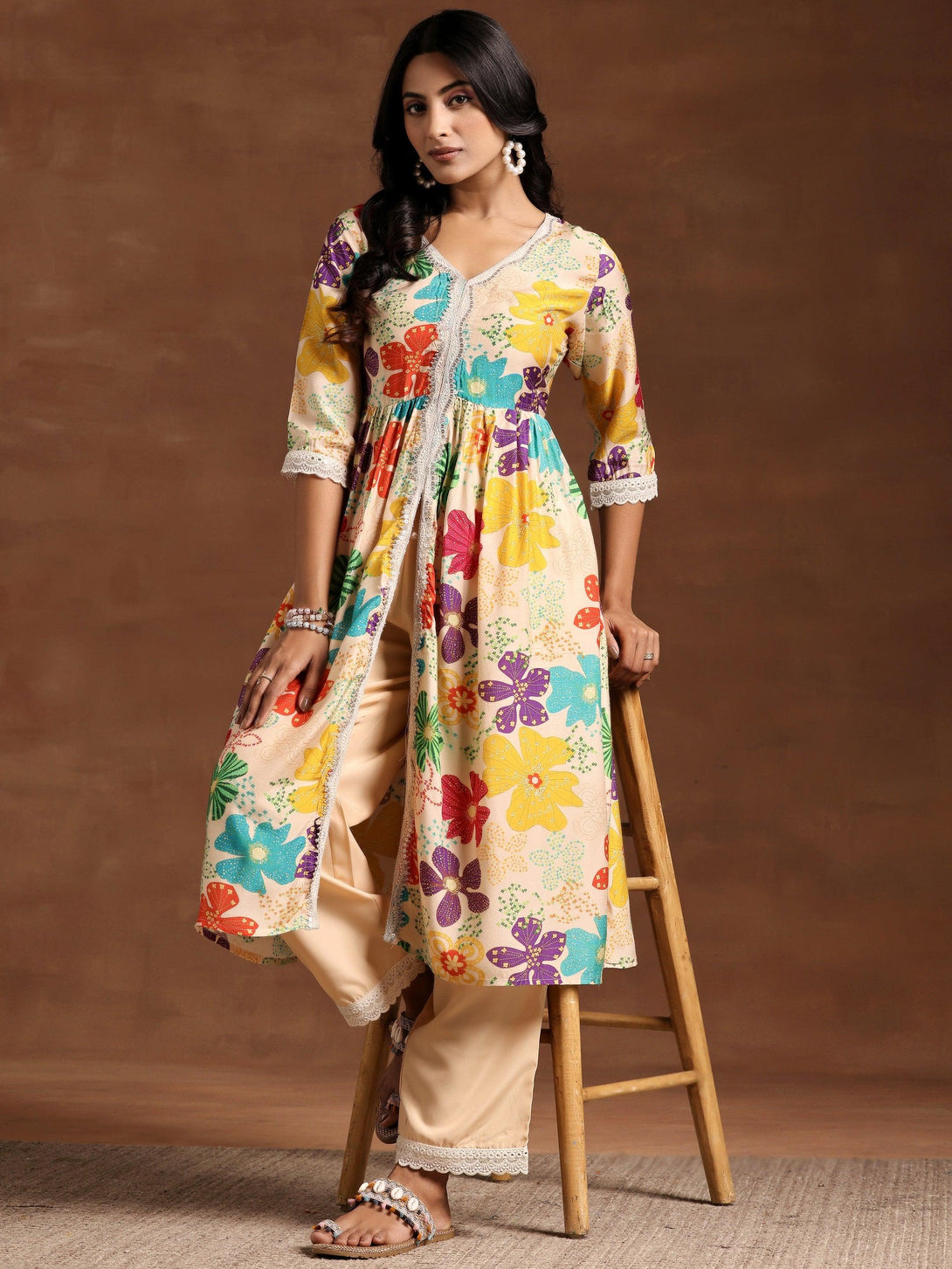 Beige Printed Silk Blend A-Line Kurta With Palazzos - Jashvi