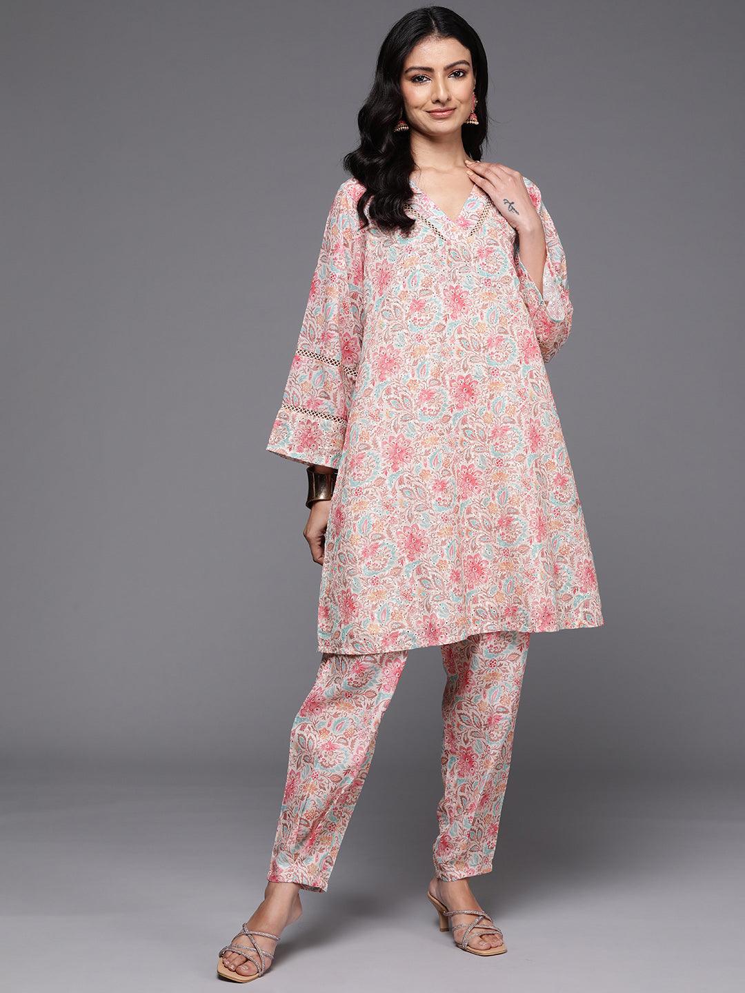 Beige Printed Cotton Straight Kurta Set - Jashvi