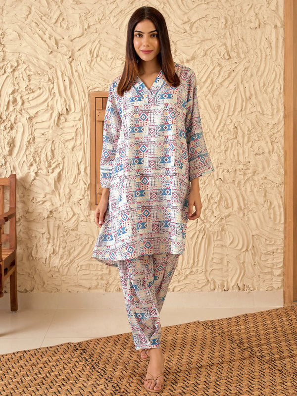 Blue Printed Cotton Straight Kurta Set