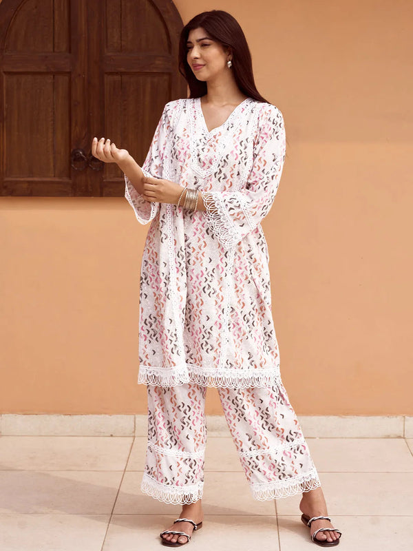 Off white Printed Cotton A-Line Kurta With Palazzos