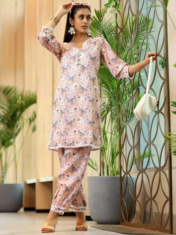 Peach Printed Cotton Straight Kurta Set