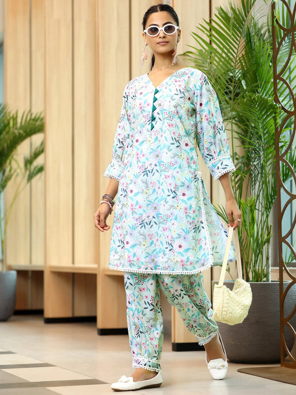 Blue Printed Cotton Straight Kurta Set