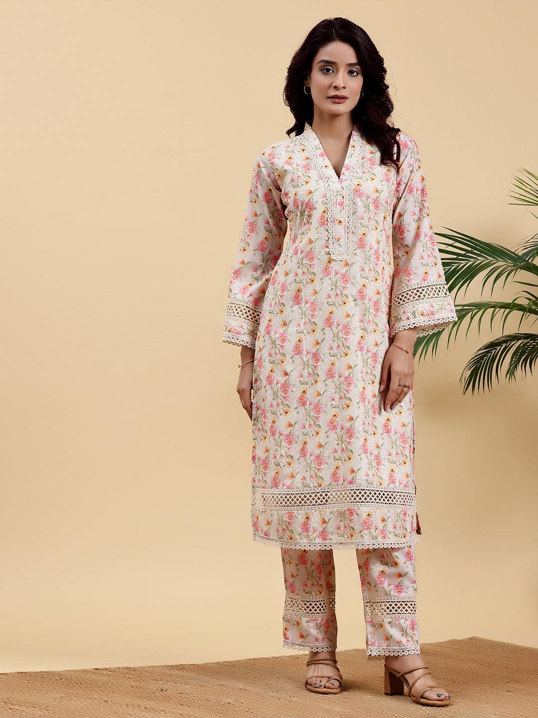 Beige Printed Cotton A-Line Kurta With Palazzos - Jashvi