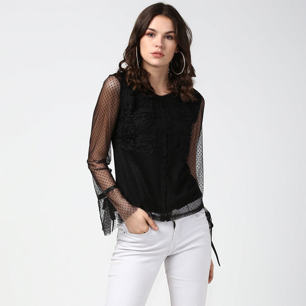 Women's Black Lace and Crochet Self Design Top - StyleStone