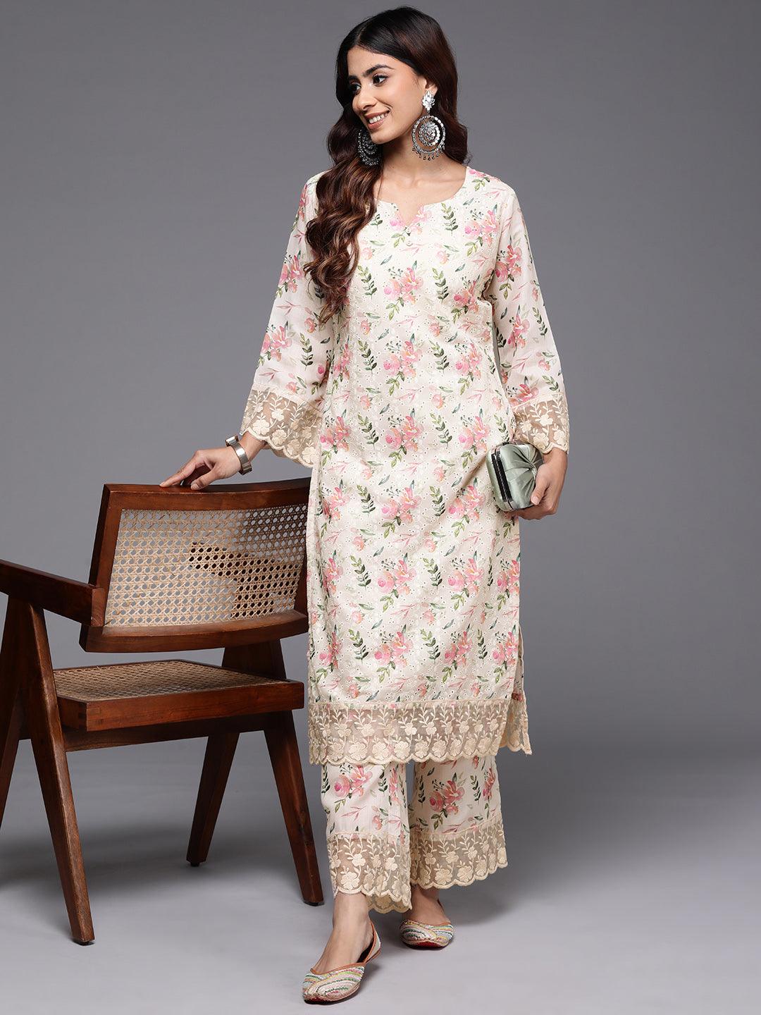 Beige Printed Cotton Straight Kurta Set - Jashvi