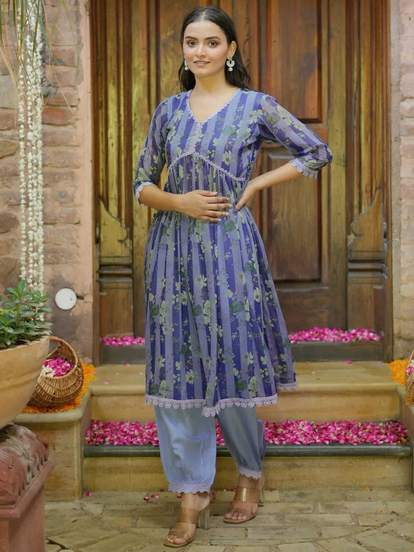 Purple Printed Georgette A-Line Kurta With Salwar