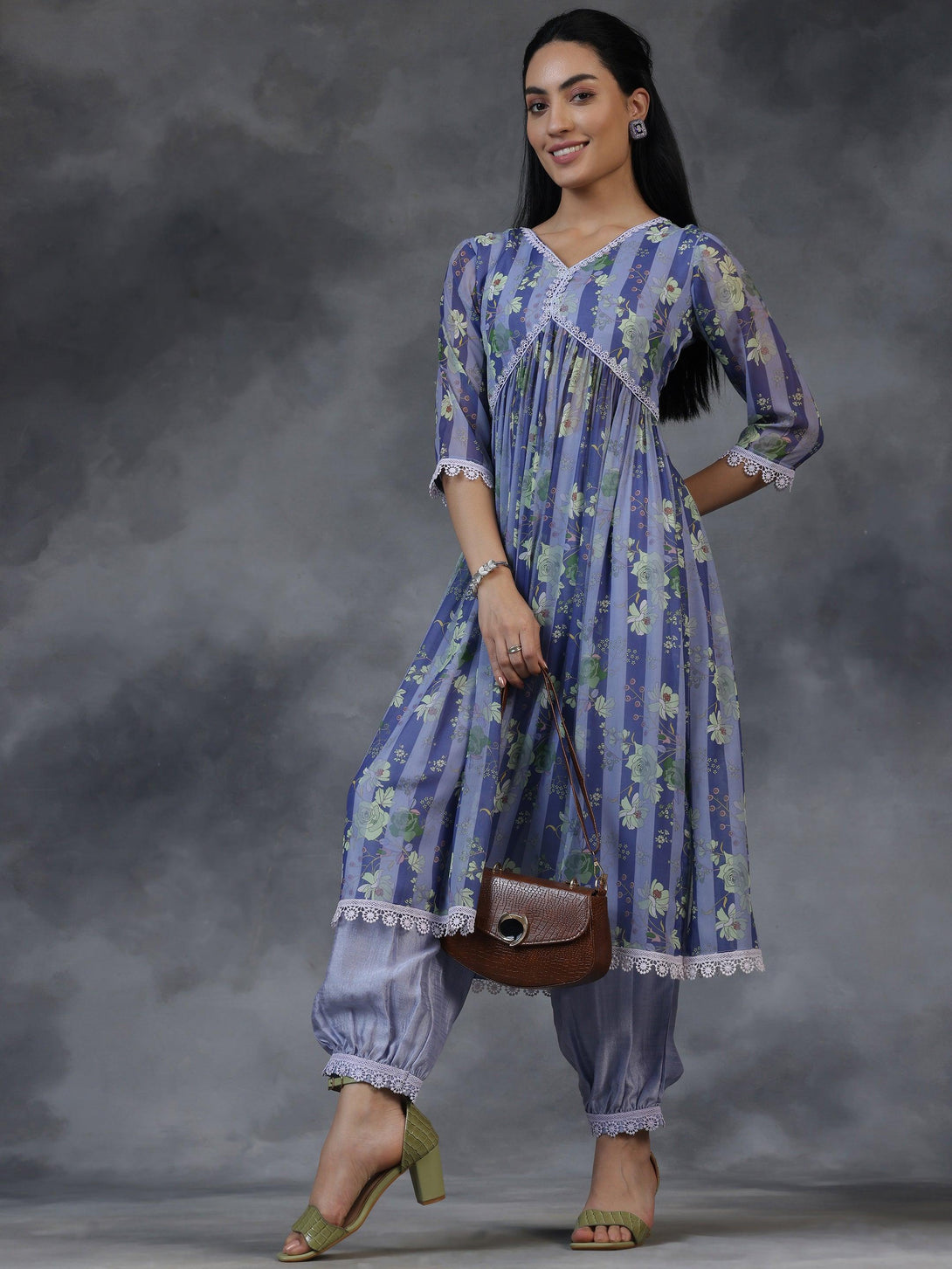 Purple Printed Georgette A-Line Kurta With Salwar - Jashvi