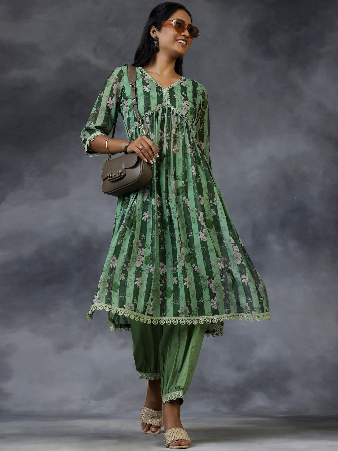 Green Printed Georgette A-Line Kurta With Salwar - Jashvi