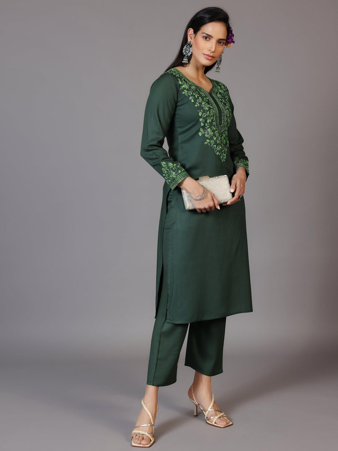 Green Yoke Design Wool Blend Straight Kurta Set - Jashvi